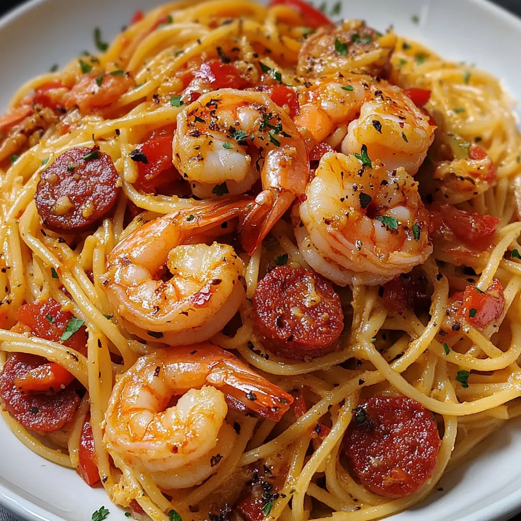 Spaghetti colorés au chorizo et crevettes, parsemés de verdure et de tomates, sur une belle table.