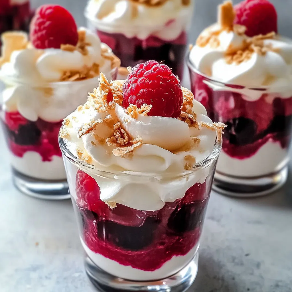 Des petites douceurs servies dans des verres transparents, décorées de crème blanche et de framboises.