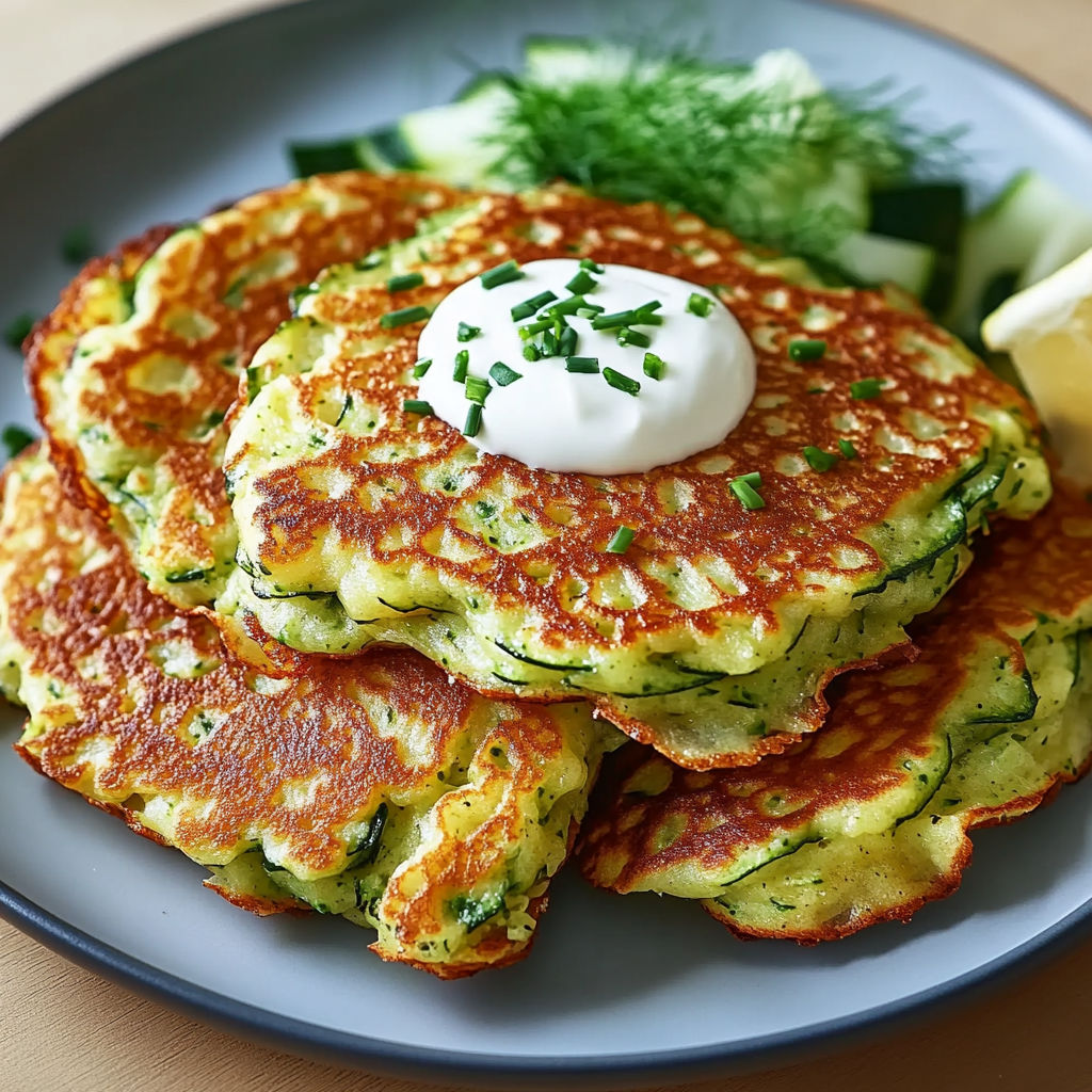 Une assiette de crêpes aux courgettes et herbes, accompagnée d’une sauce.