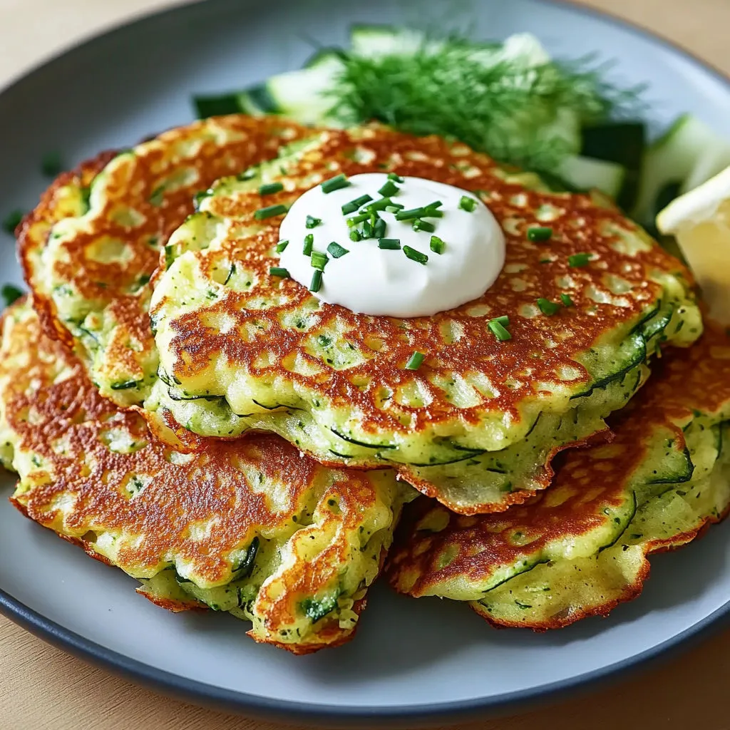 Une assiette de crêpes aux courgettes et herbes, accompagnée d’une sauce.