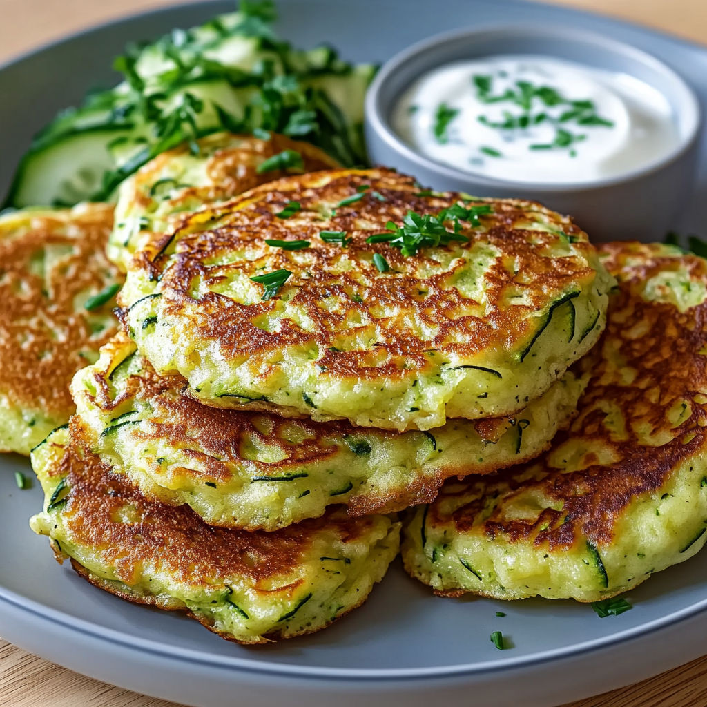 Des pancakes de courgette empilés sur un plateau.