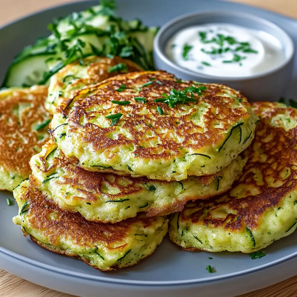 Des pancakes de courgette empilés sur un plateau.