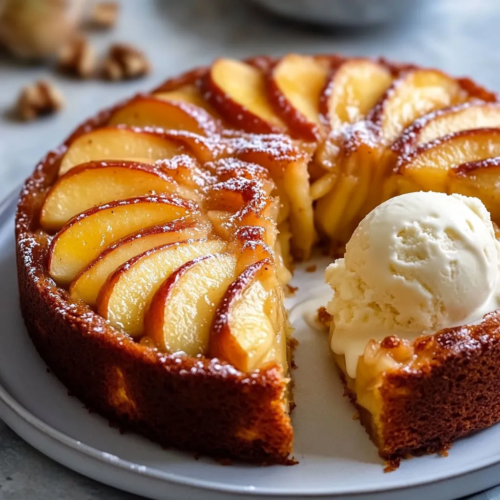 Un morceau de moelleux pomme cannelle, accompagné de glace.