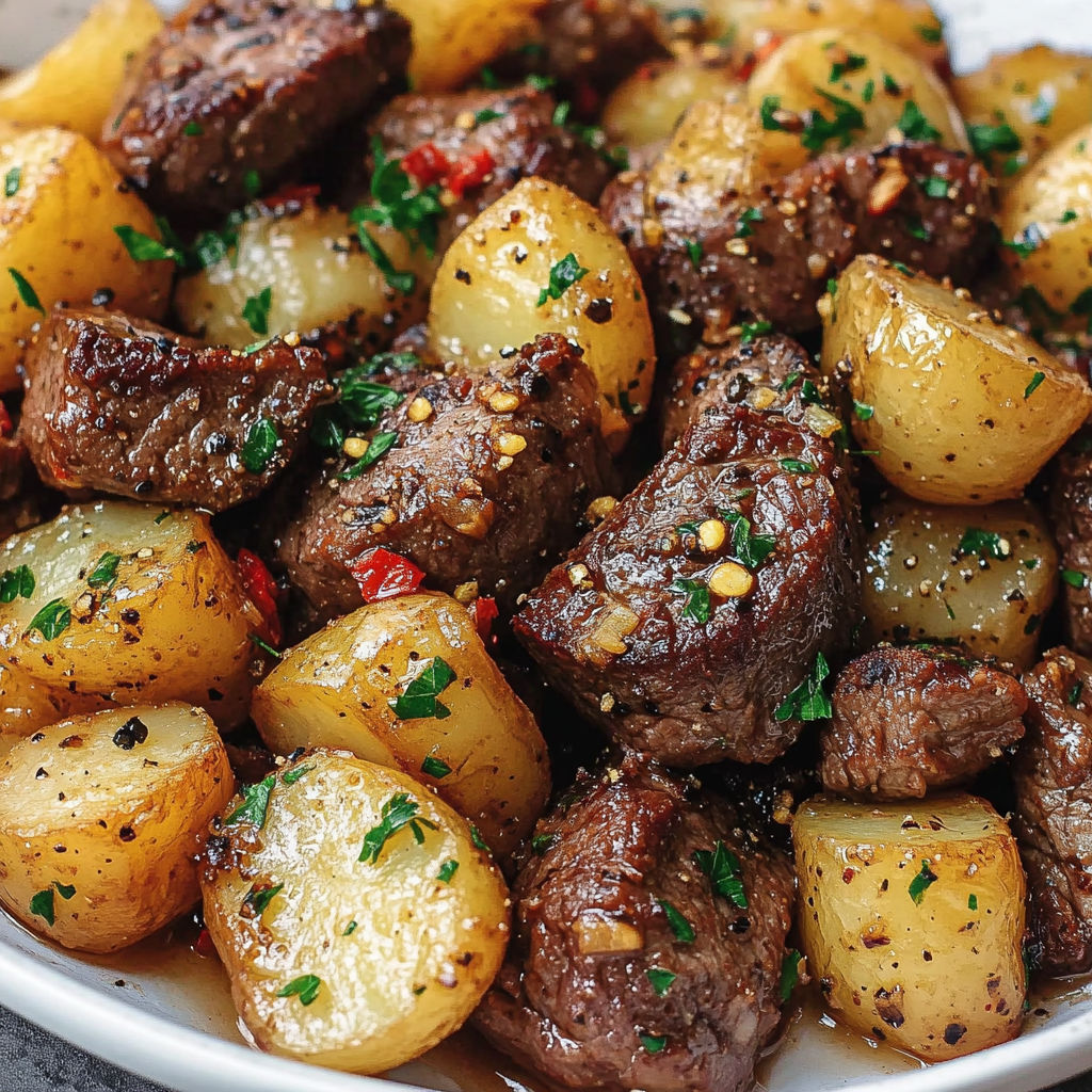 Un plat savoureux avec steak, pommes de terre et herbes fraîches.