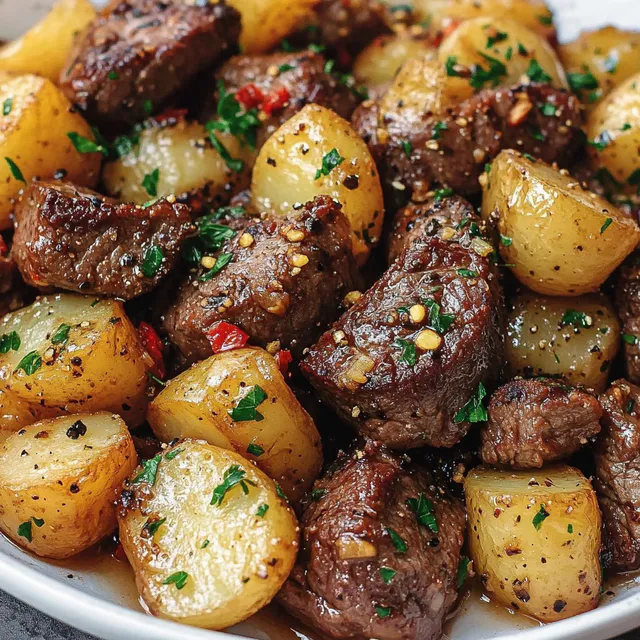 Un plat savoureux avec steak, pommes de terre et herbes fraîches.