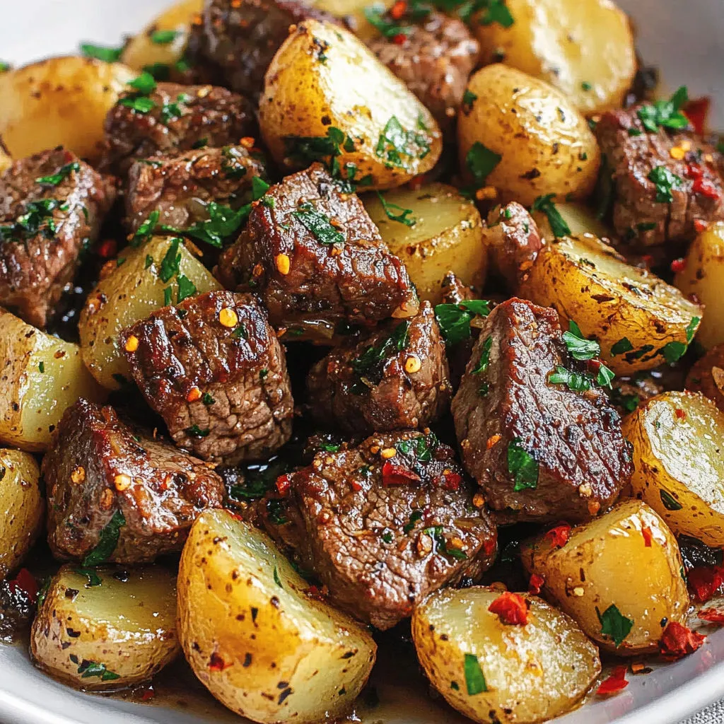 Bœuf et pommes de terre aux herbes sautées.