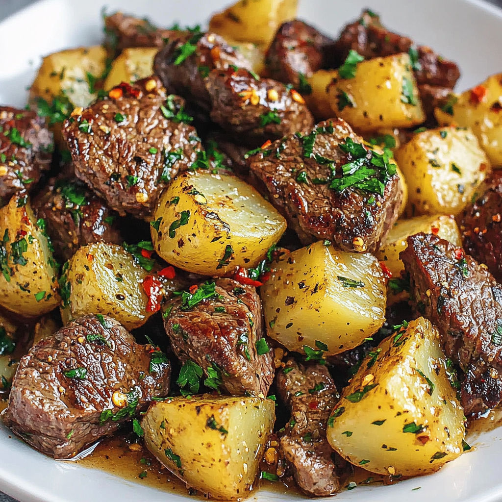 Assiette de bœuf et pommes de terre sautés aux herbes.
