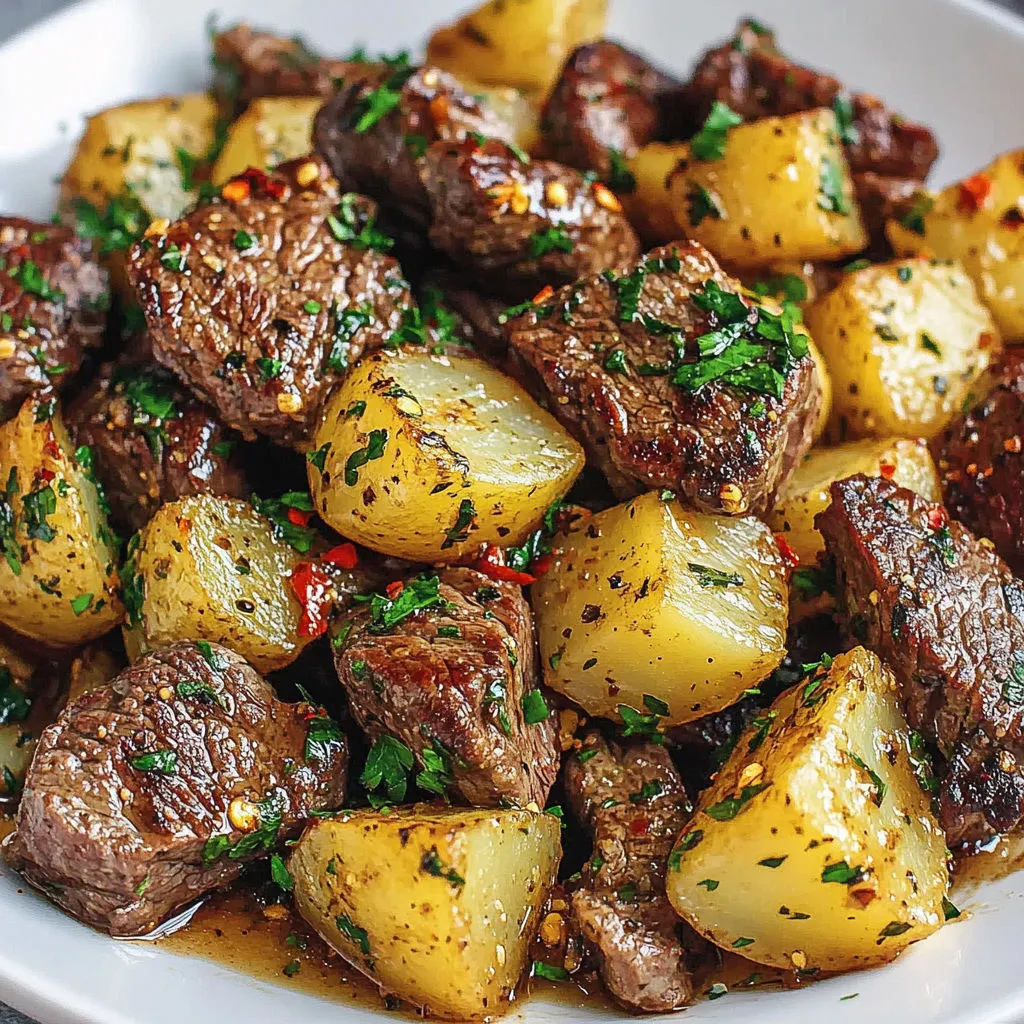Assiette de bœuf et pommes de terre sautés aux herbes.