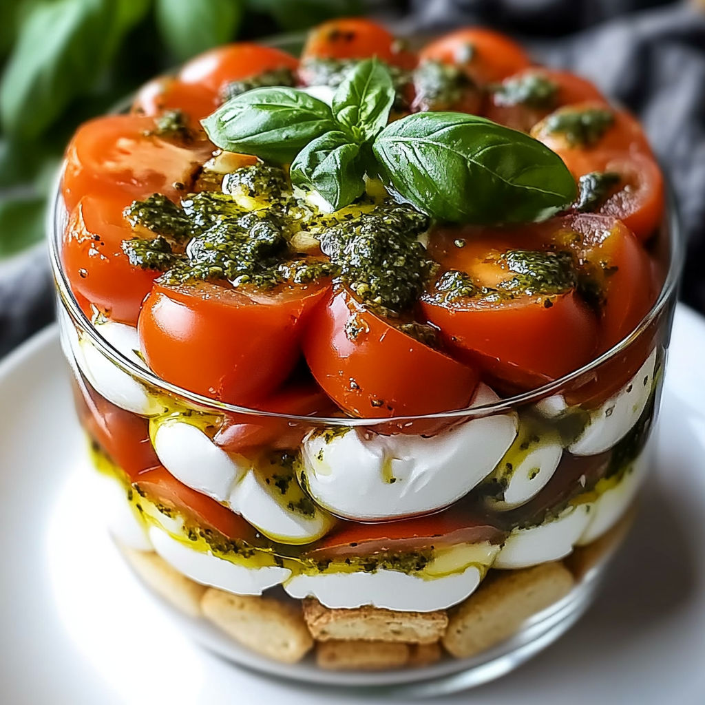 Une salade pleine de tomates fraîches, pâtes, basilic et croûtons, servie dans un bol en verre.