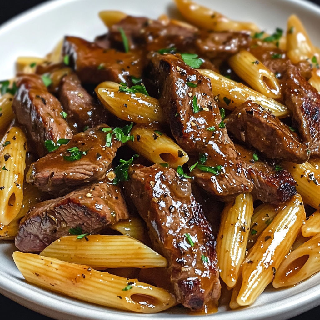 Plat de pâtes gourmandes au miel, steak grillé et sauce BBQ, garni d'une touche de miel.