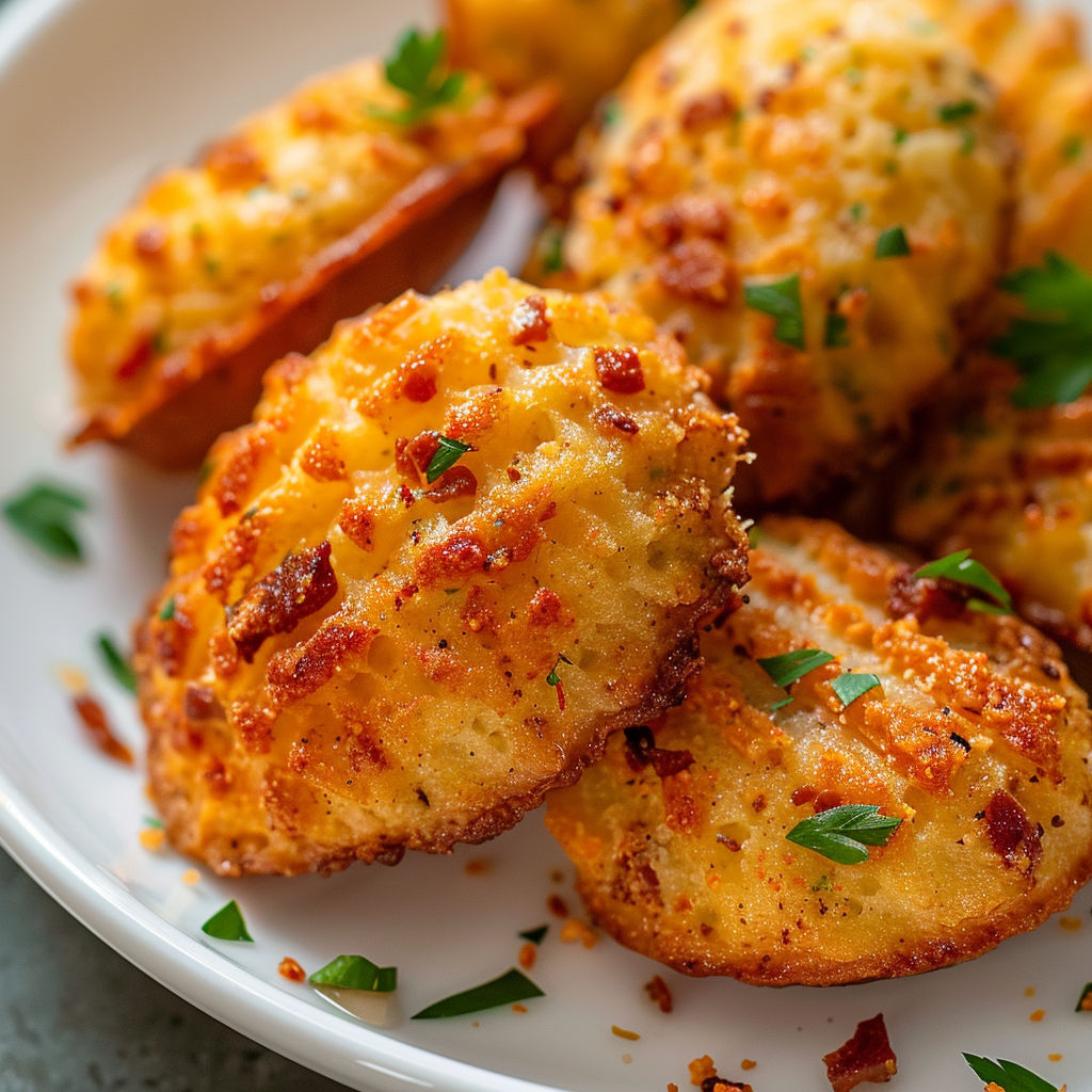 Des croquettes de pommes de terre empilées garnies d’herbes fraîches.
