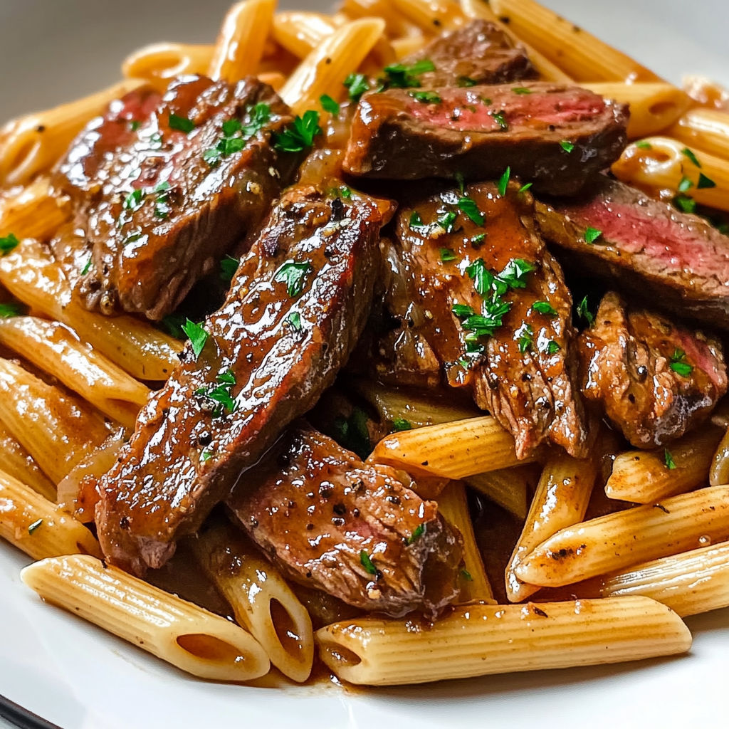 Pâtes penne steak grillé et herbes,