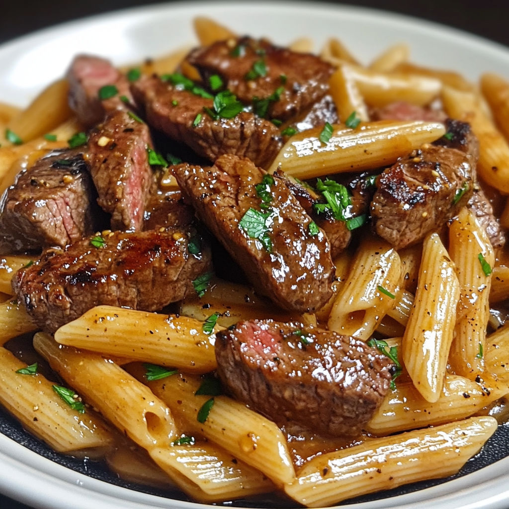 Steak et penne sauce tomate. Assiette avec steak grillé, penne et herbes fraîches.
