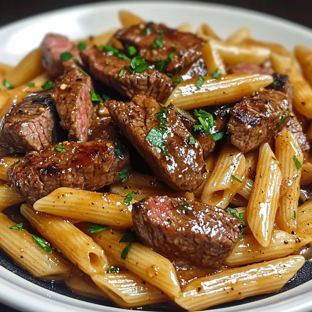 Steak et penne sauce tomate. Assiette avec steak grillé, penne et herbes fraîches.