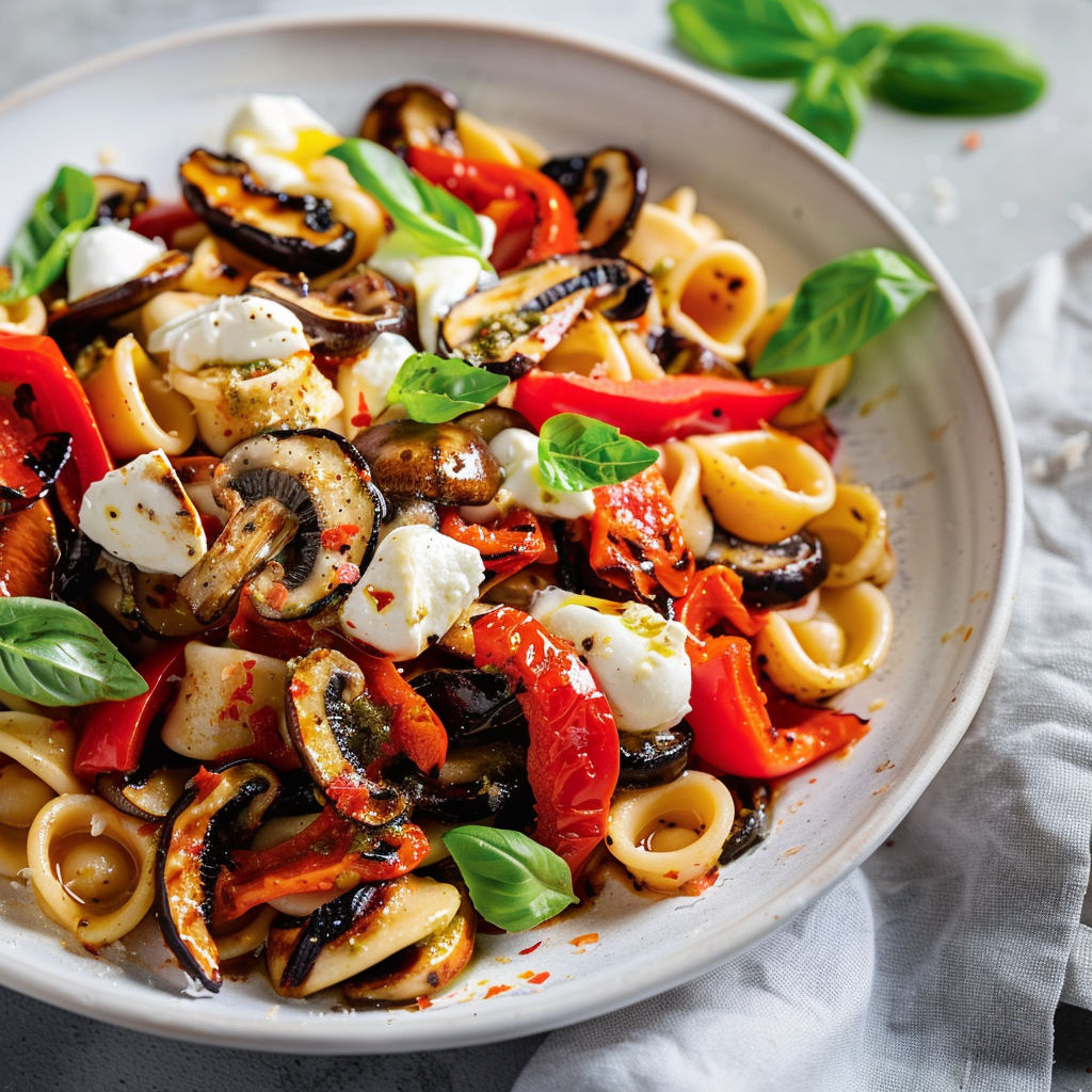 Un bol de pâtes froides avec légumes, mozzarella et herbes fraîches.