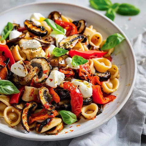 Un bol de pâtes froides avec légumes, mozzarella et herbes fraîches.