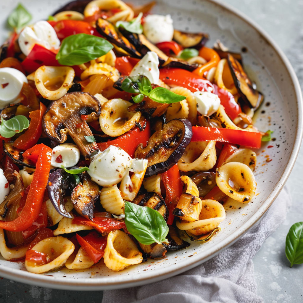 Un plat de pâtes, tomates, basilic et un mélange onctueux de fromage et épices.