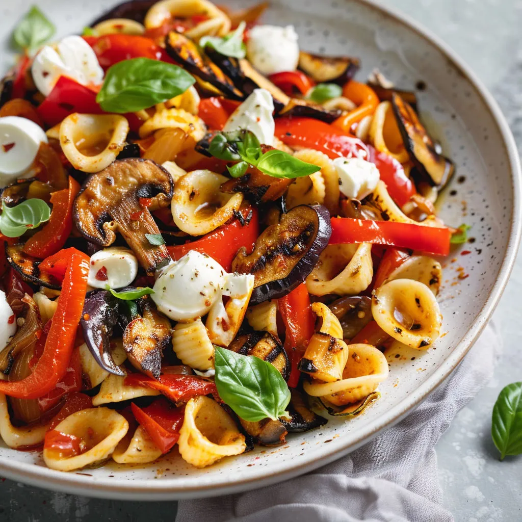 Un plat de pâtes, tomates, basilic et un mélange onctueux de fromage et épices.