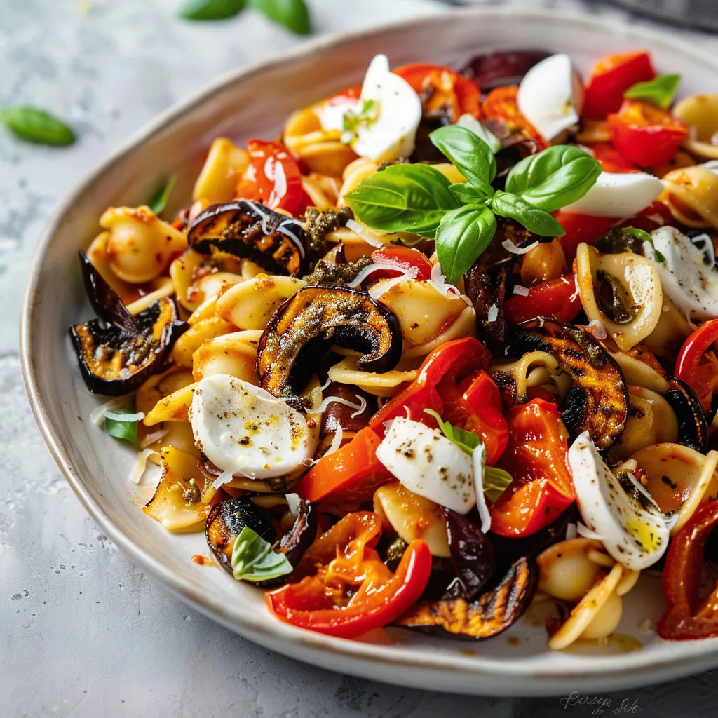 Un plat coloré avec tomates, pâtes et herbes aromatiques.