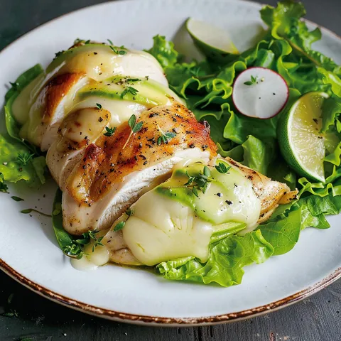 Des filets de poulet dorés et farcis avec avocat et fromage, accompagnés de légumes verts.