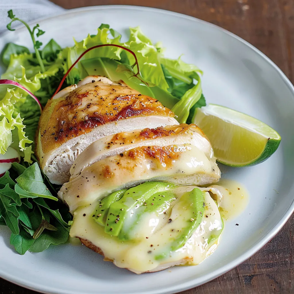 Une salade de poulet grillé avec des légumes verts et de l’avocat.