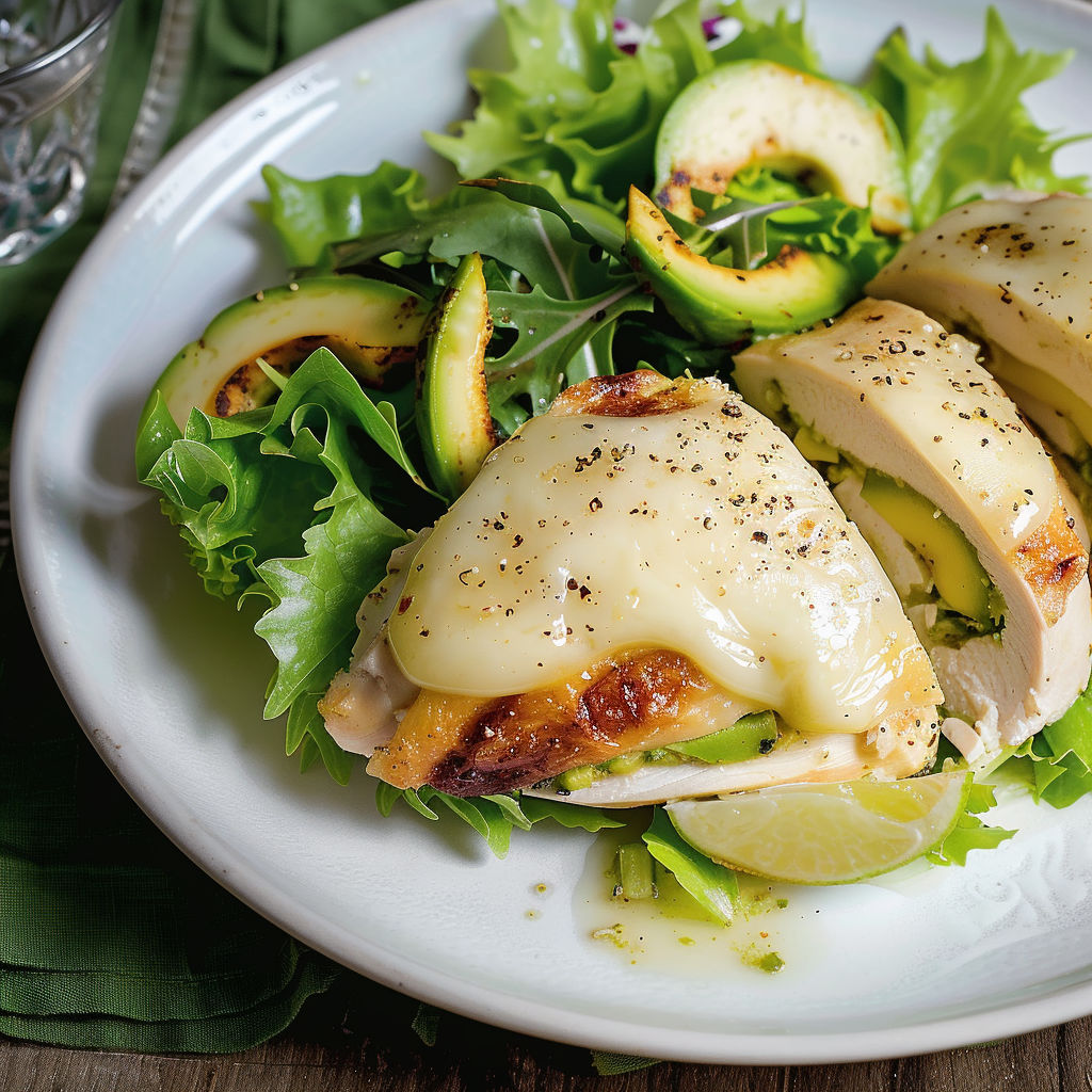 Une salade de poulet grillé avec des légumes verts et de l’avocat.