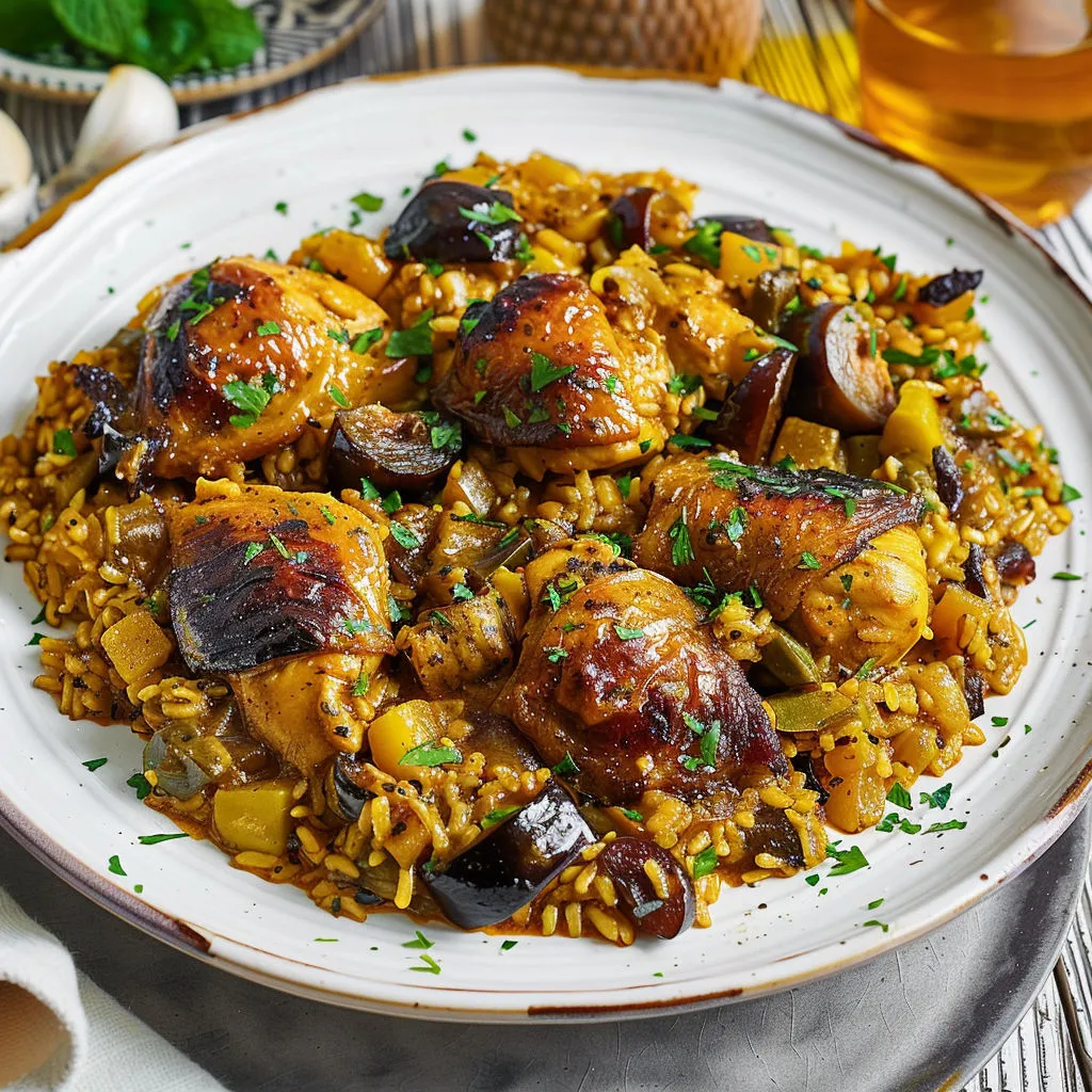Poulet aux pruneaux tendre mijoté dans un plat aux couleurs orientales.