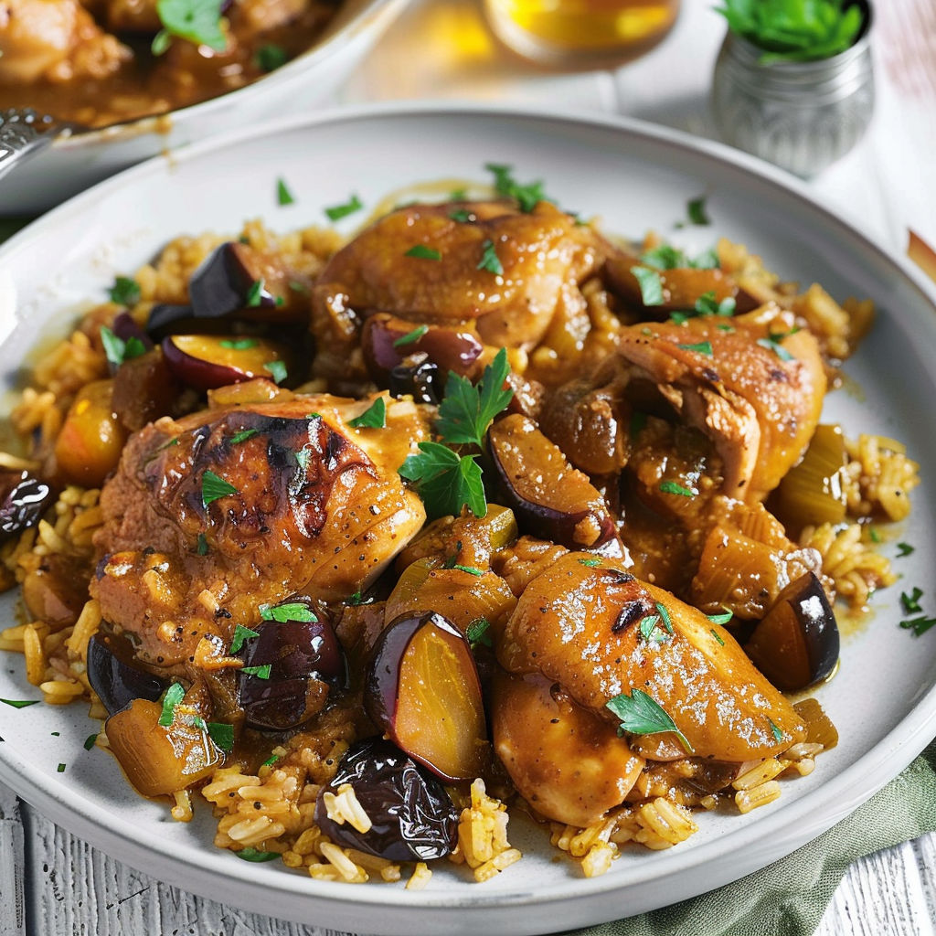 Un plat chaud au poulet et riz avec pruneaux et herbes fraîches.