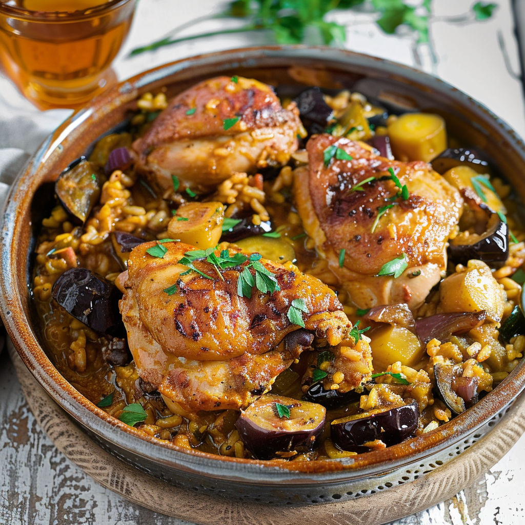 Plat de poulet doré entouré de légumes et herbes fraîches.