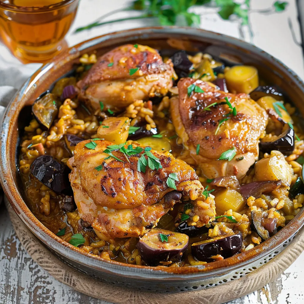 Plat de poulet doré entouré de légumes et herbes fraîches.