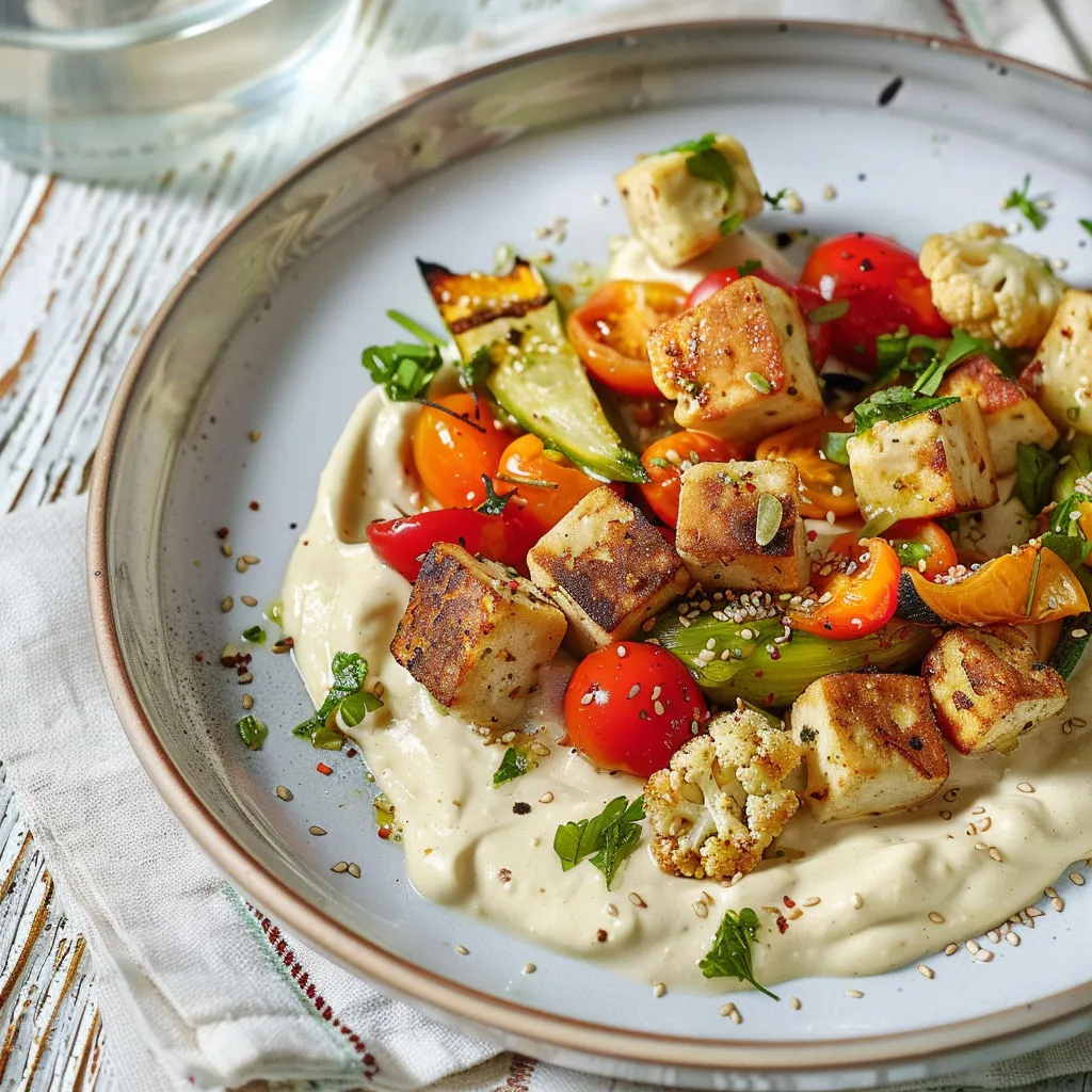 Tofu grillé et légumes sur houmous onctueux au yogourt.