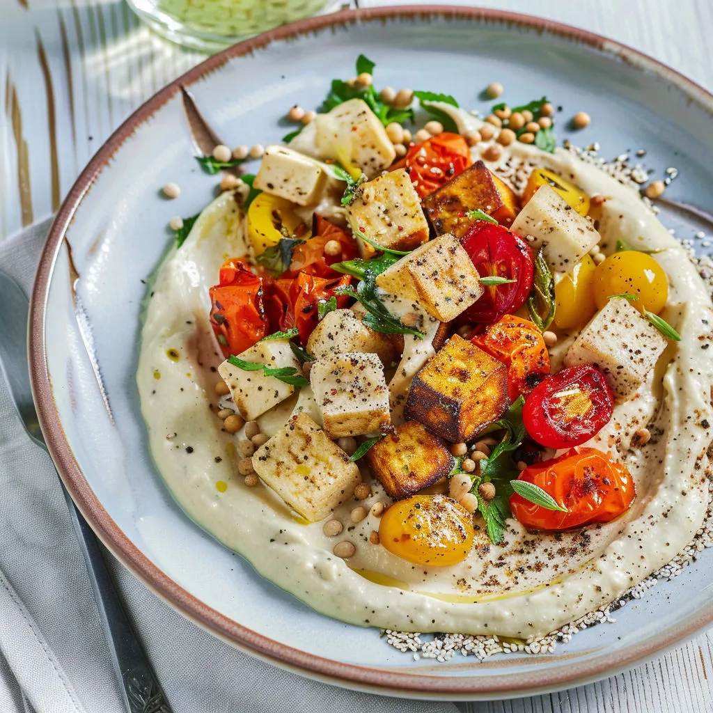 Tofu doré et légumes croquants sur houmous soyeux dans une assiette colorée.