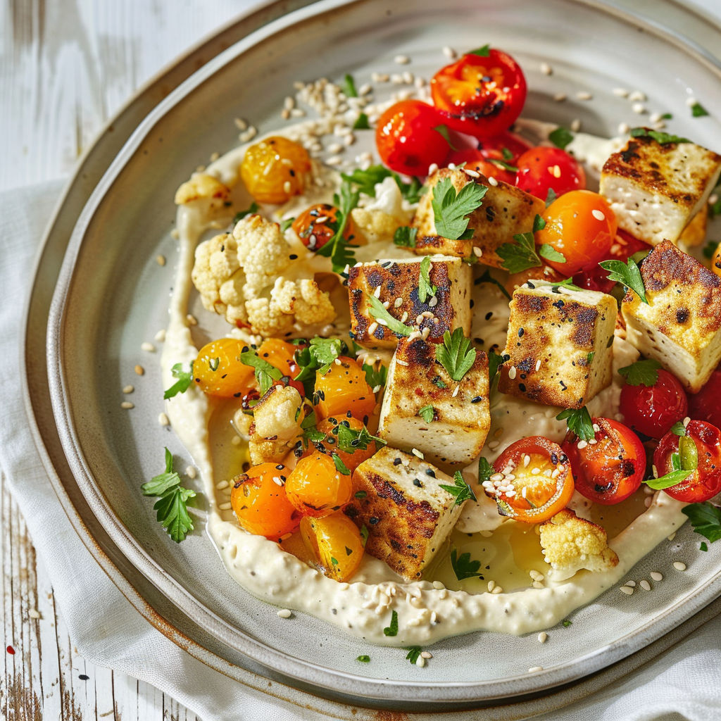 Plat généreux de tofu doré, chou-fleur et houmous-yaourt avec plein de légumes et graines dorées.