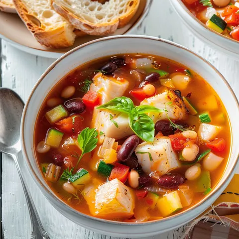 Bol de soupe au poisson et fenouil, servi avec du pain et morceaux de viande.