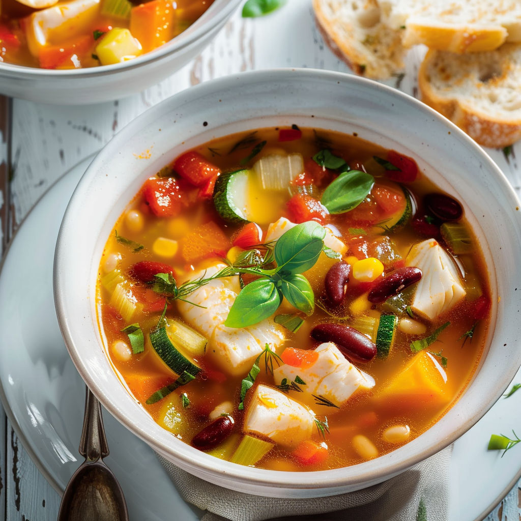 Un grand bol de soupe fumante remplie de légumes et poisson, accompagné de pain doré.