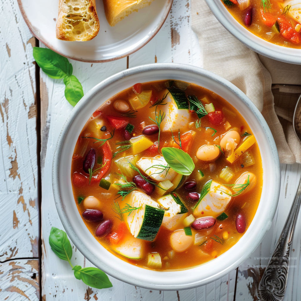 Bol de soupe fumant aux légumes et haricots rouges.
