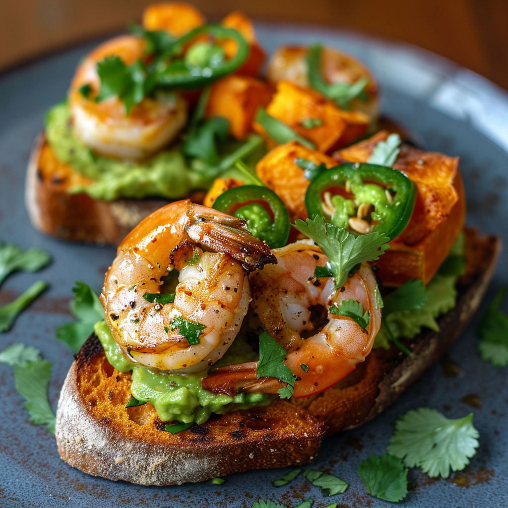 Une tartine garnie d'avocat, patate douce et crevettes sur un plateau.
