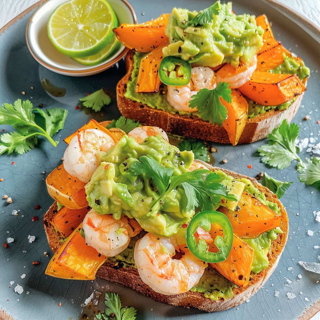 Toast avocat et crabe sur pain grillé.