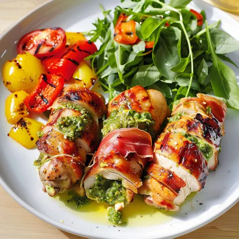 Plat de poulet farci au parmesan et pesto, accompagné de légumes.