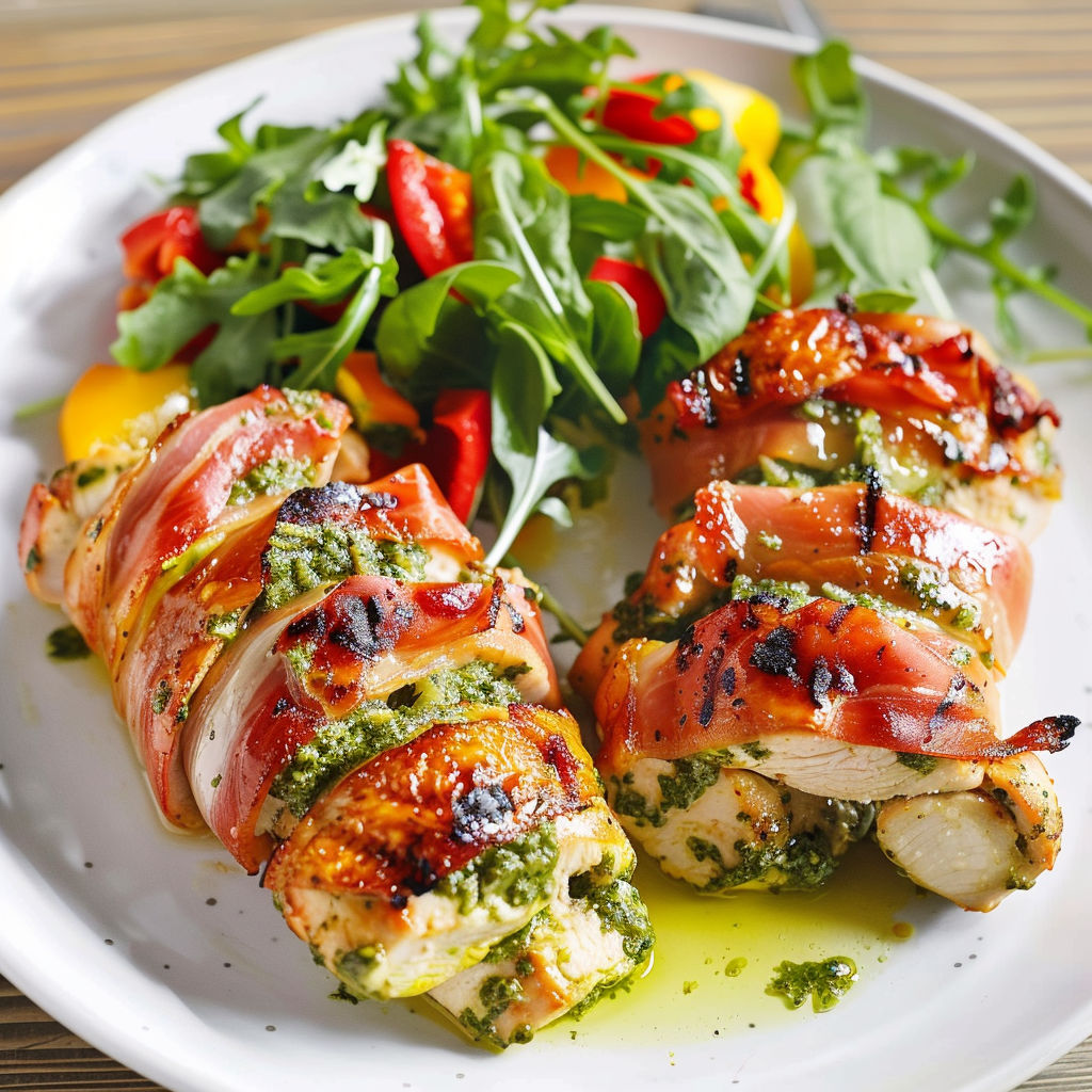 Une assiette de poulet grillé avec des légumes verts et des herbes.