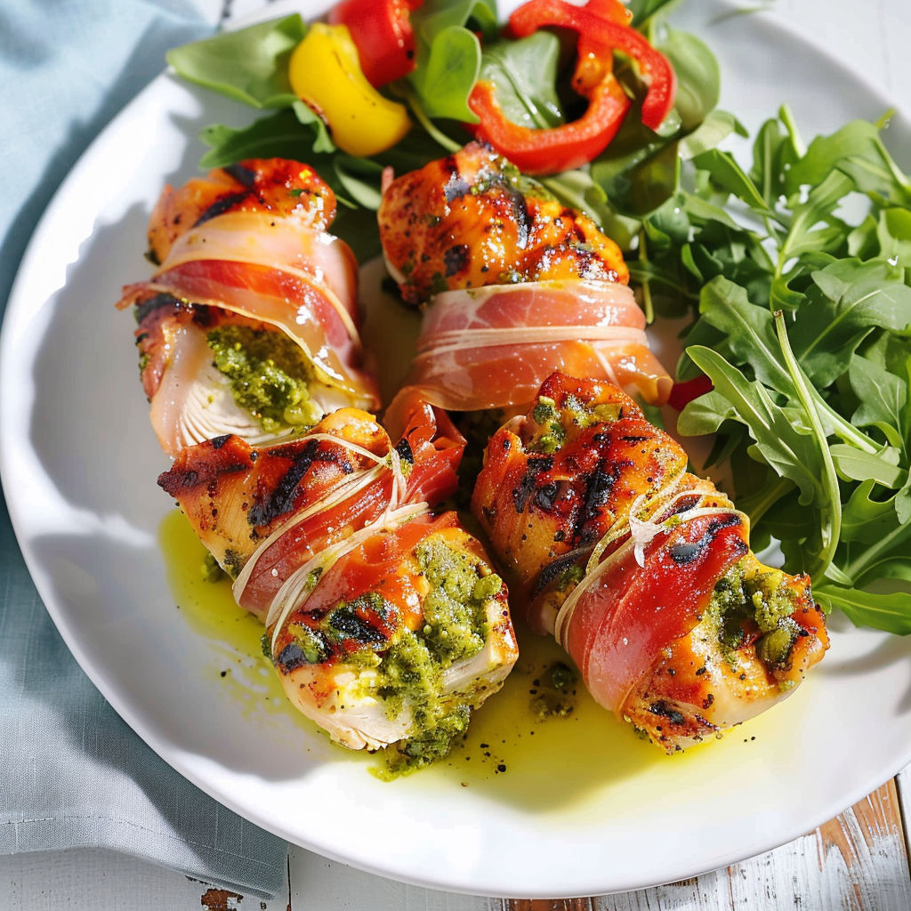 Paupiettes de volaille au barbecue, avec des légumes verts et des tomates, sur un plateau.