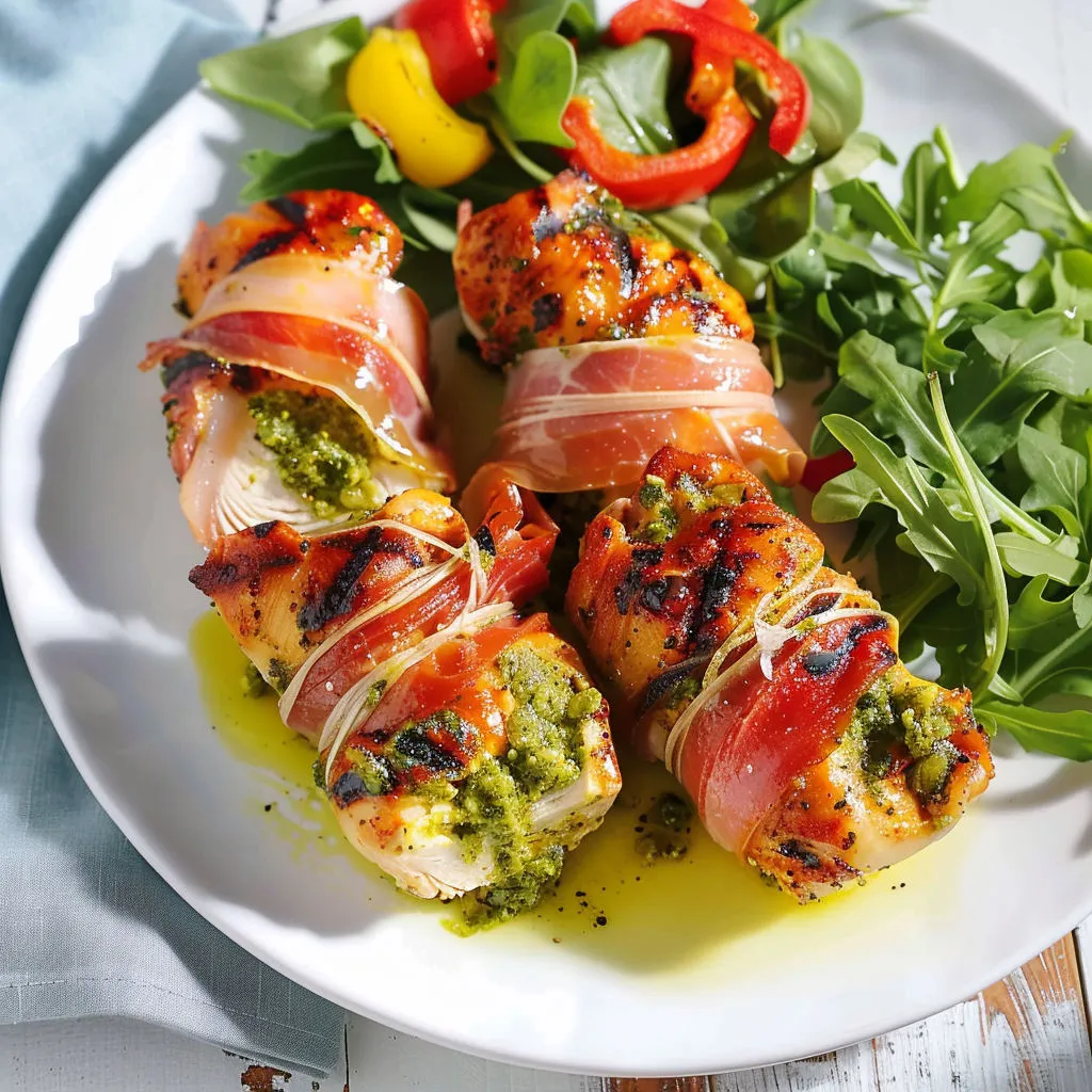 Paupiettes de volaille au barbecue, avec des légumes verts et des tomates, sur un plateau.