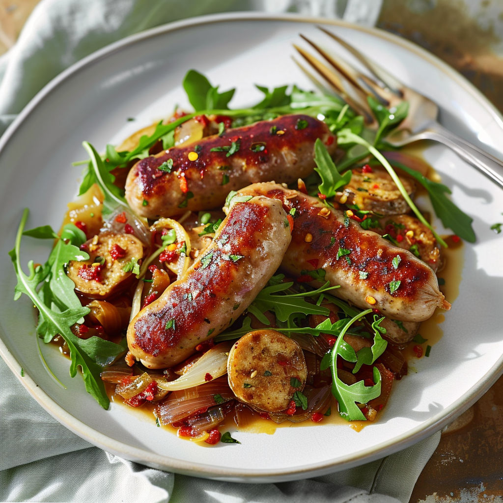Saucisses italiennes mijotées au vin rouge, servies avec pommes de terre et légumes.