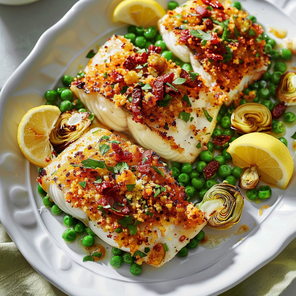 Poisson doré avec chapelure croustillante, citron et tomates séchées servi avec légumes.