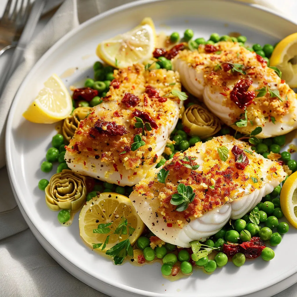 Plat de poisson avec un quartier de citron posé dessus.