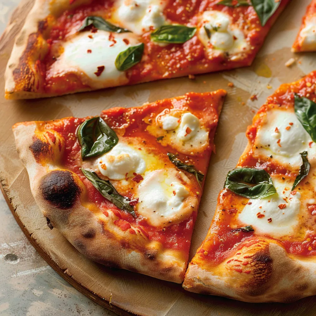 Une délicieuse pizza Margherita croûte fine posée sur une planche en bois.
