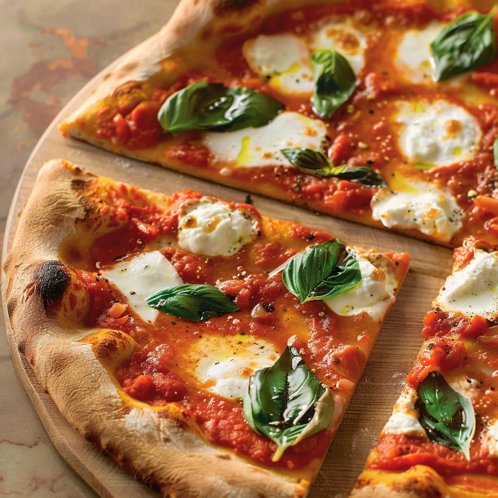 Pizza Margherita à pâte fine, agrémentée de basilic et tomates, servie sur un plateau.