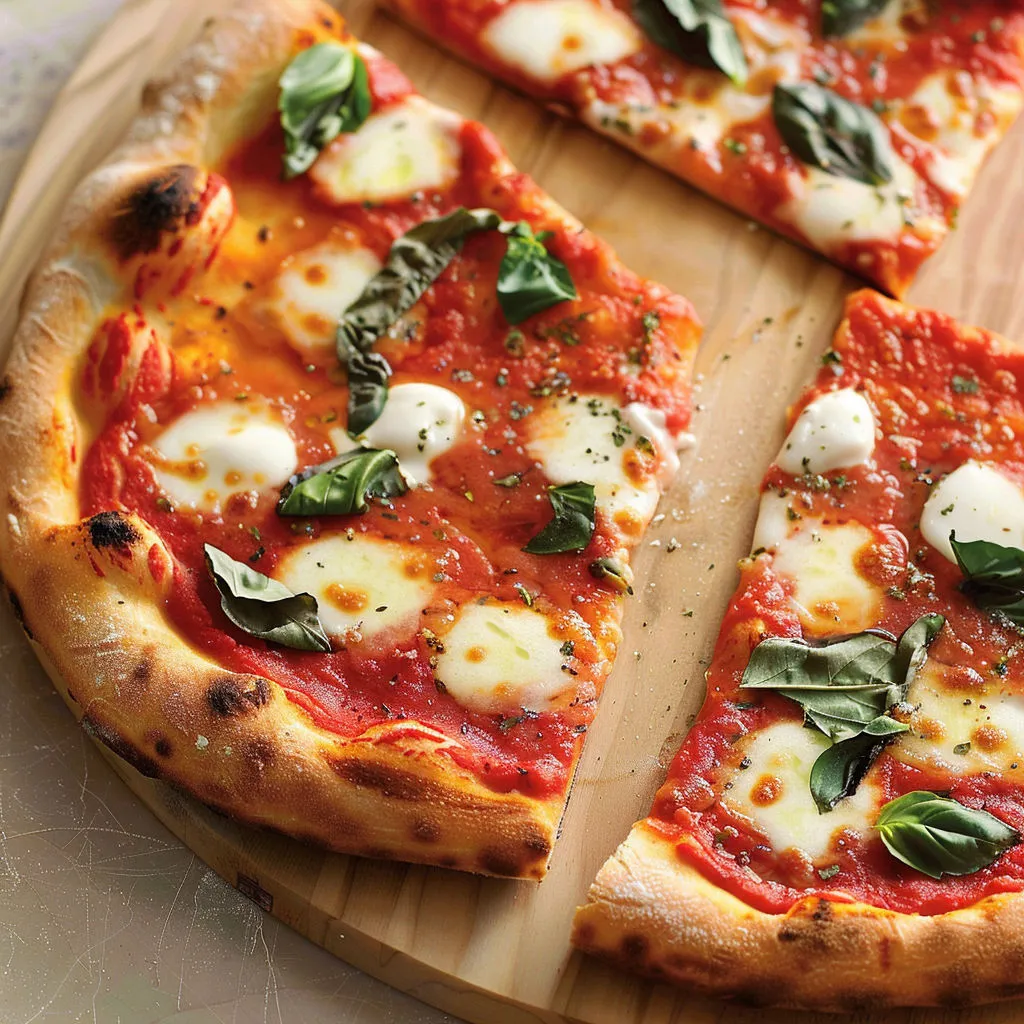 Délicieuse Margherita faite maison avec des feuilles de basilic frais.