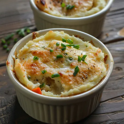 Un plat réconfortant de parmentier de poisson servi sur une table en bois.