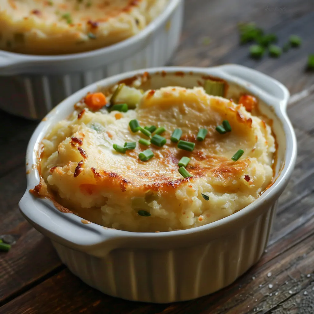 Un joli gratin de poisson avec une purée crémeuse sur la table.